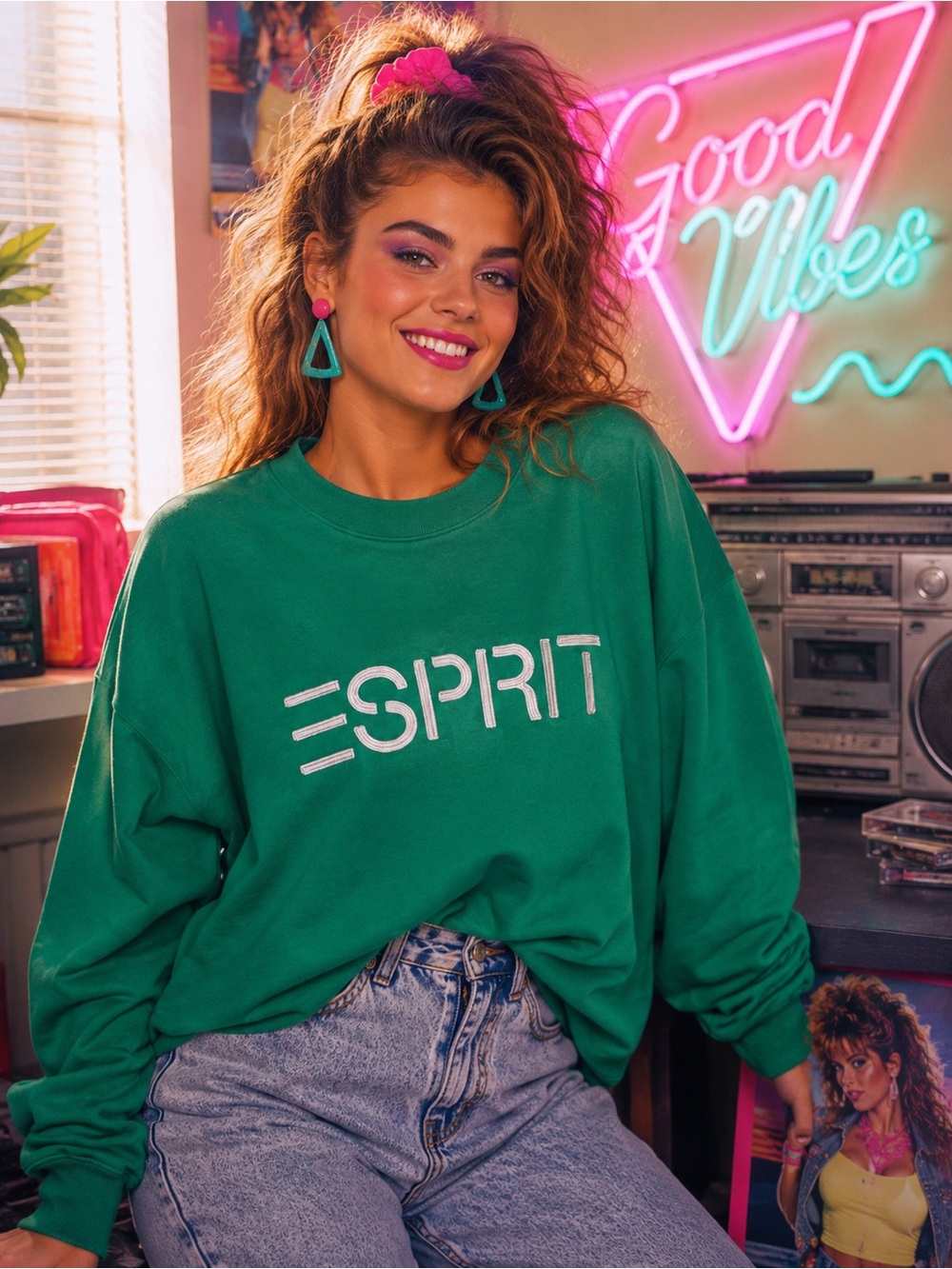 Esprit Kelly Green Crewneck Sweatshirt XL NWT Retro 80s Embroidered Logo Virtal